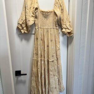 Free People Yellow Embroidered Smocked Maxi Dress